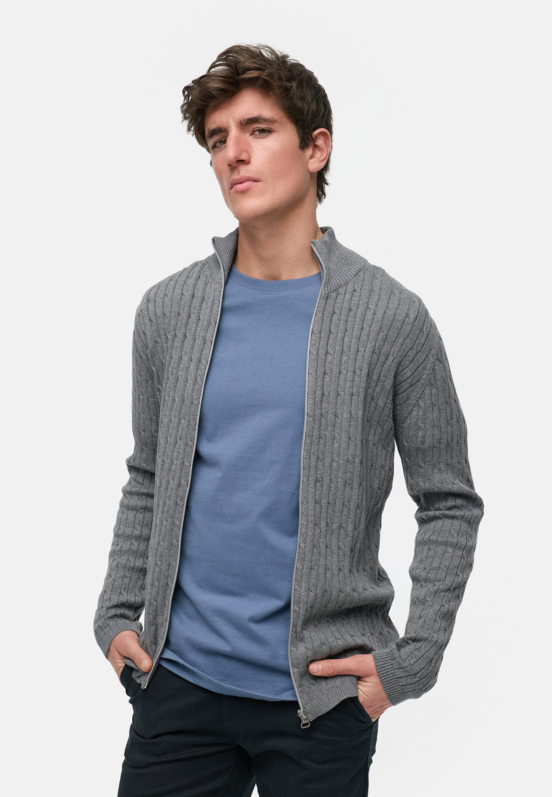 Strickjacke KSCable Zip Lt Grey Mix